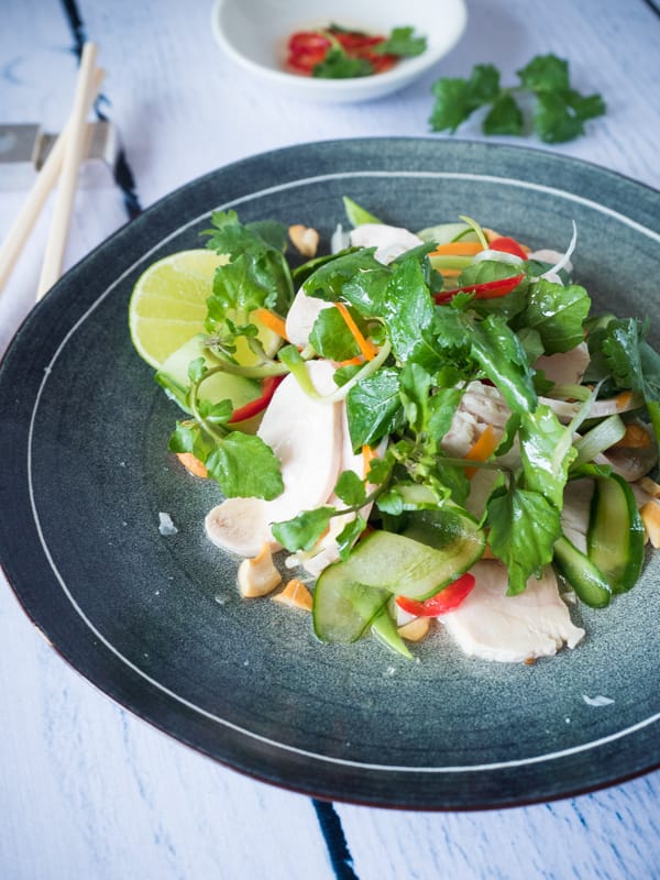 This is one of those delicious salads, based on a moist poached chicken fillet. Add a leafy green, such as watercress, a few green veggies, asian herbs, and whatever else is in the crisper. It is...
