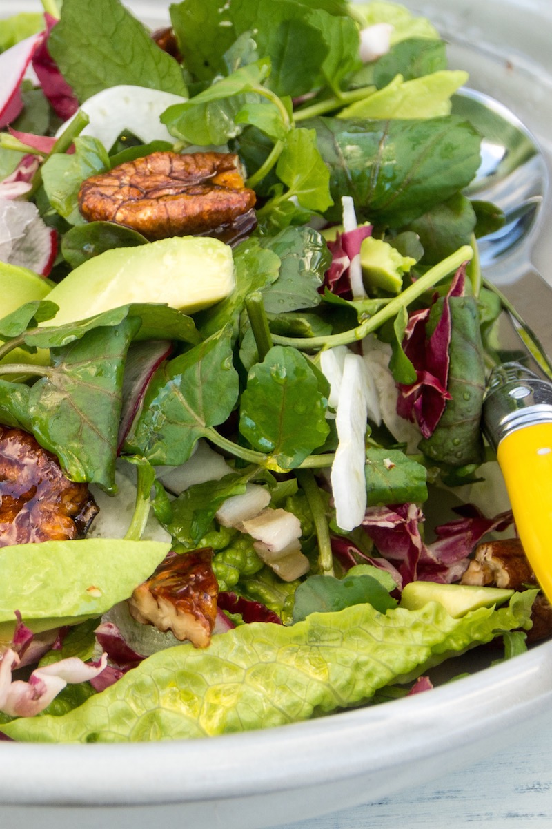 Salads are great all year round. Vary the ingredients in this one according to what you have in the fridge, or what is available in the markets, make sure there is a bitter note in the greens - but...