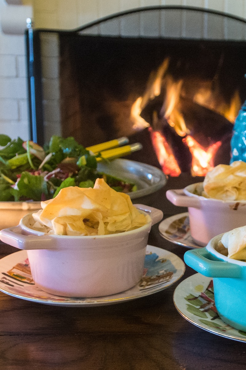 A late afternoon movie with friends, then home for a fireside dinner and a few glasses of red - a great way to end a winter weekend. Make dinner super easy by having everything ready to go. Pot pies...