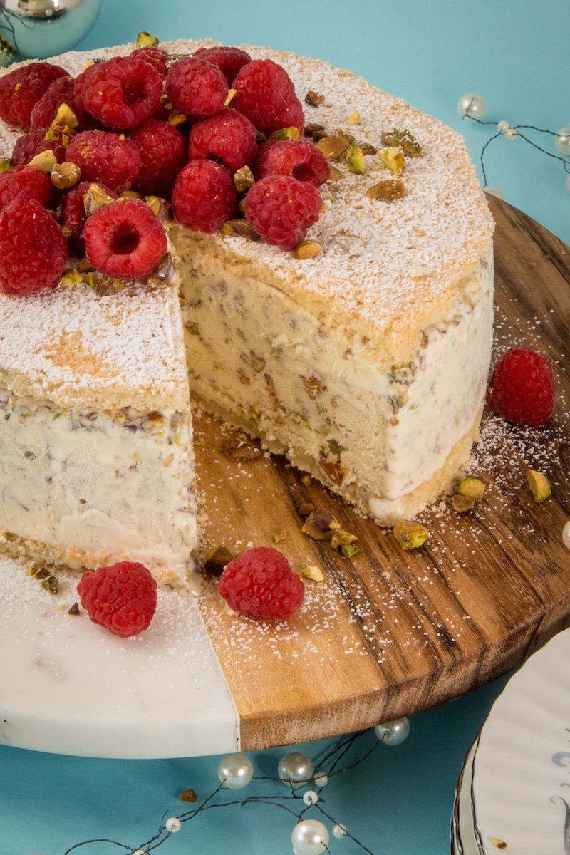 Who wouldn't love pistachio icecream sandwiched between layers of almond meringue, topped with raspberries and served with a raspberry sauce ! This is a great make-ahead dessert, best made the day...